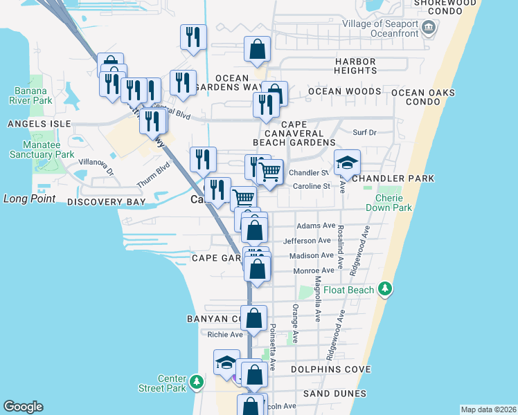 map of restaurants, bars, coffee shops, grocery stores, and more near 104 Washington Avenue in Cape Canaveral