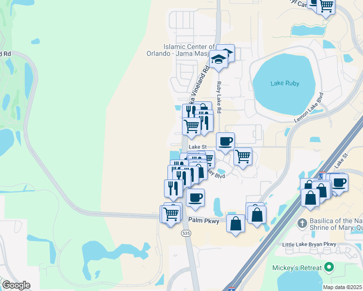 map of restaurants, bars, coffee shops, grocery stores, and more near 11826 Reedy Creek Drive in Orlando