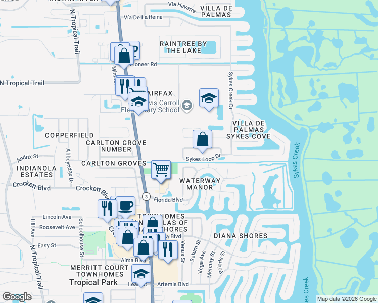 map of restaurants, bars, coffee shops, grocery stores, and more near 196 Sykes Loop Drive in Merritt Island