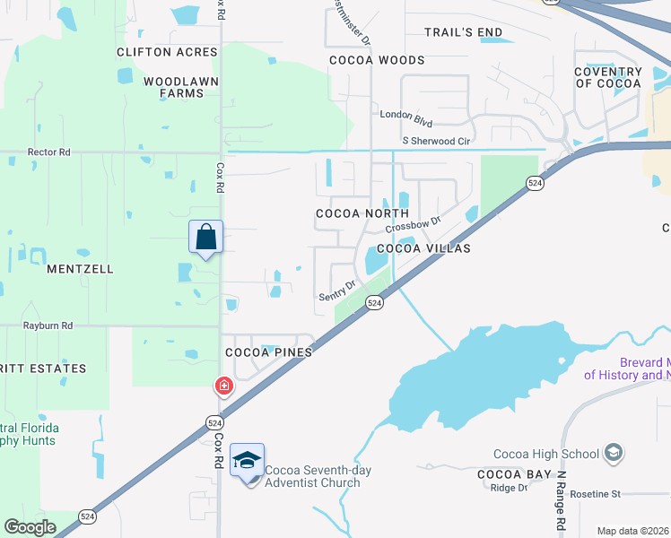 map of restaurants, bars, coffee shops, grocery stores, and more near 2212 Spring Circle in Cocoa