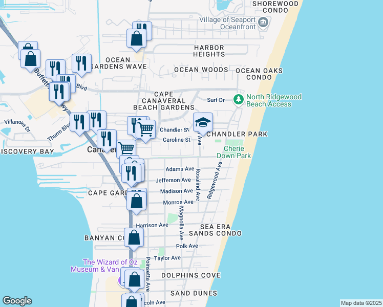 map of restaurants, bars, coffee shops, grocery stores, and more near 700 North Courtenay Parkway in Merritt Island