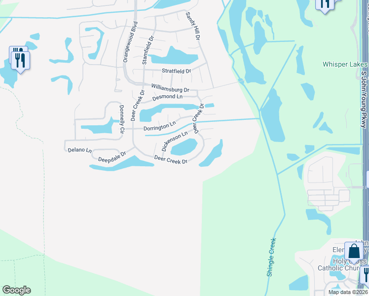 map of restaurants, bars, coffee shops, grocery stores, and more near 5249 Deer Creek Drive in Orlando