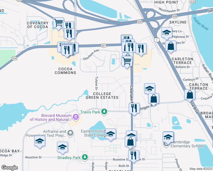 map of restaurants, bars, coffee shops, grocery stores, and more near 1712 Calvados Drive in Cocoa