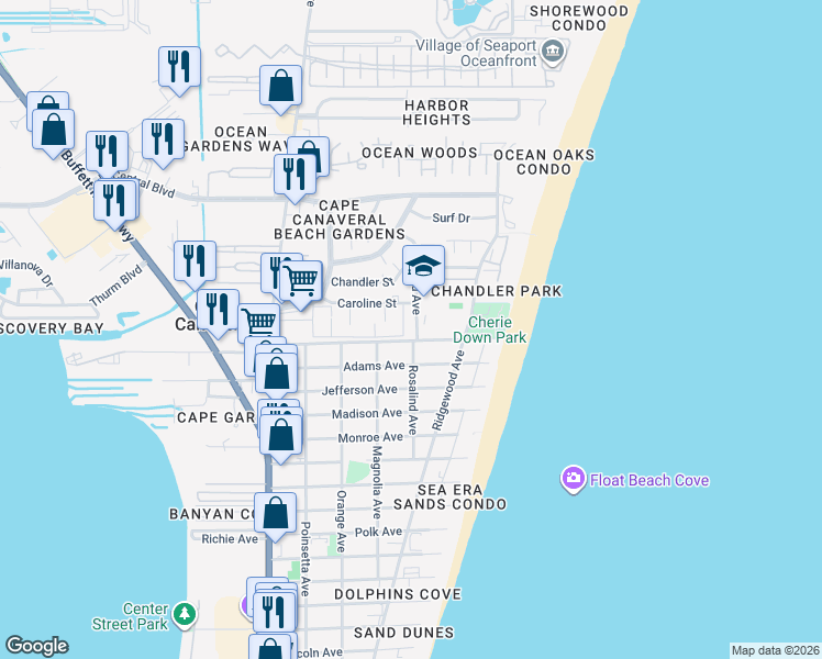 map of restaurants, bars, coffee shops, grocery stores, and more near in Cape Canaveral