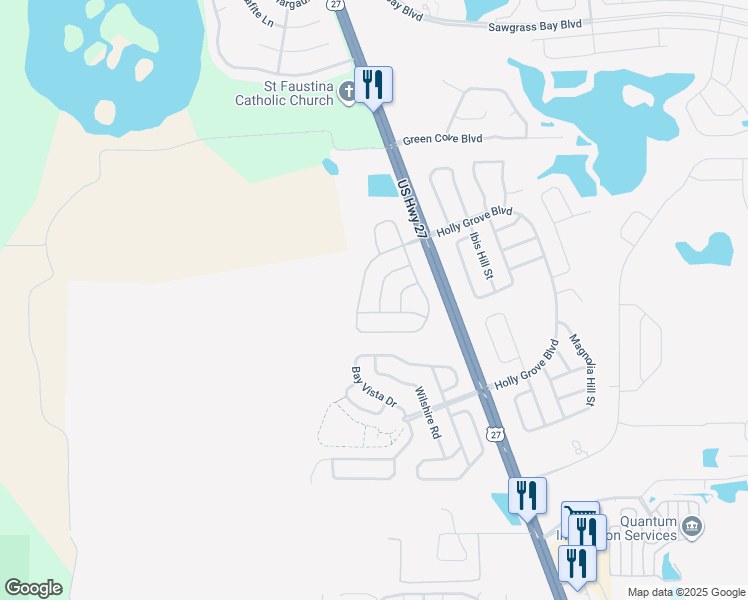 map of restaurants, bars, coffee shops, grocery stores, and more near 15320 Markham Drive in Clermont