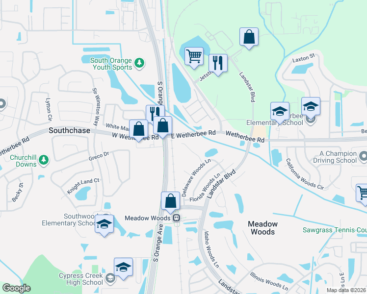 map of restaurants, bars, coffee shops, grocery stores, and more near 132 Creekside Way in Orlando