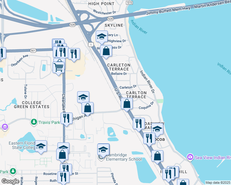 map of restaurants, bars, coffee shops, grocery stores, and more near 2319 North Cocoa Boulevard in Cocoa