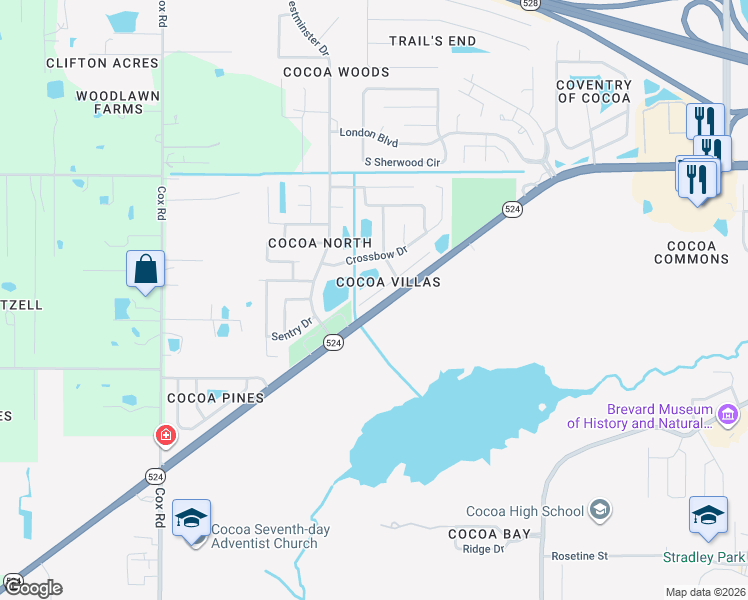 map of restaurants, bars, coffee shops, grocery stores, and more near 3711 West Malory Court in Cocoa