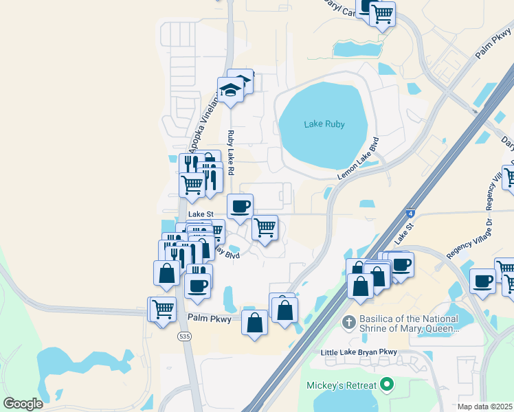 map of restaurants, bars, coffee shops, grocery stores, and more near 11910 Oak Street in Orlando