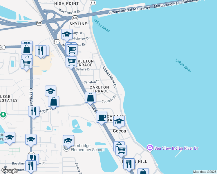 map of restaurants, bars, coffee shops, grocery stores, and more near 2130 MacFarland Drive in Cocoa