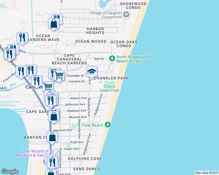 map of restaurants, bars, coffee shops, grocery stores, and more near 8330 Ridgewood Avenue in Cape Canaveral