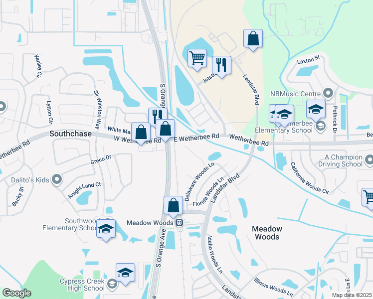 map of restaurants, bars, coffee shops, grocery stores, and more near 132 Creekside Way in Orlando