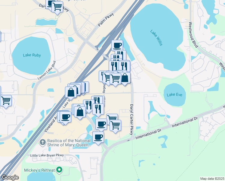 map of restaurants, bars, coffee shops, grocery stores, and more near 7655 Lake Street in Orlando