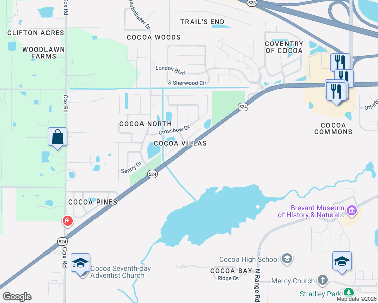map of restaurants, bars, coffee shops, grocery stores, and more near 3711 West Malory Court in Cocoa