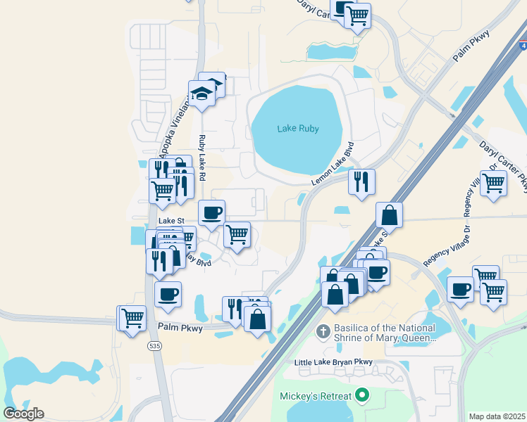 map of restaurants, bars, coffee shops, grocery stores, and more near 11910 Oak Street in Orlando