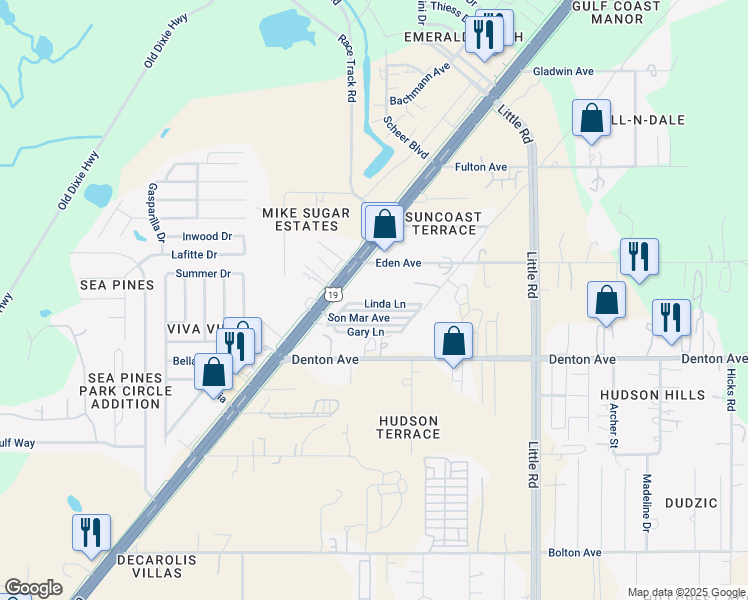 map of restaurants, bars, coffee shops, grocery stores, and more near 12 Linda Lane in Hudson