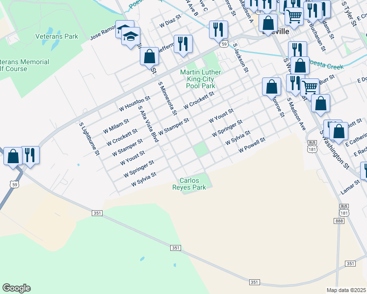 map of restaurants, bars, coffee shops, grocery stores, and more near 1208 West Springer Street in Beeville