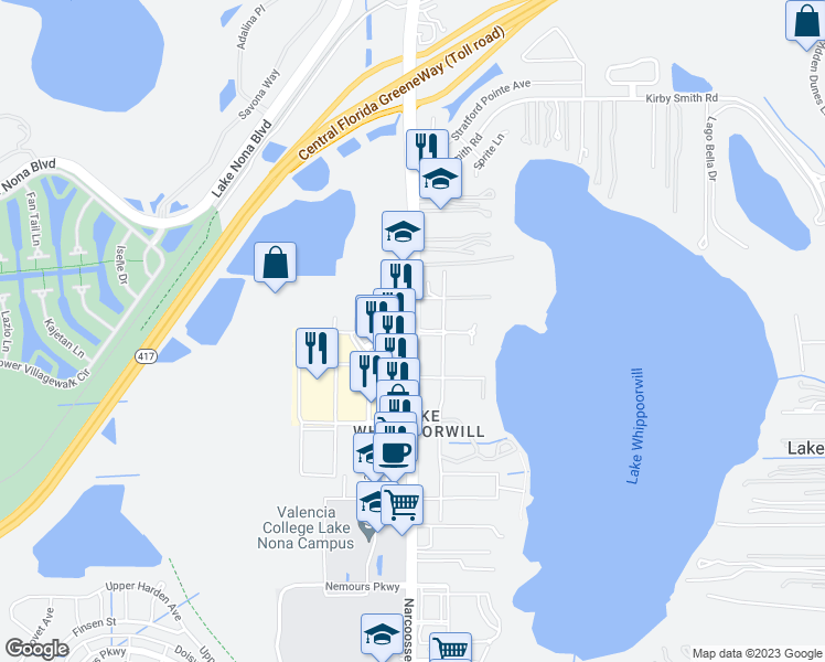 map of restaurants, bars, coffee shops, grocery stores, and more near Narcoossee Road in Orlando