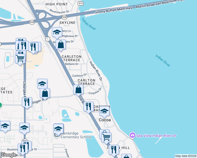 map of restaurants, bars, coffee shops, grocery stores, and more near 2130 Macfarland Drive in Cocoa