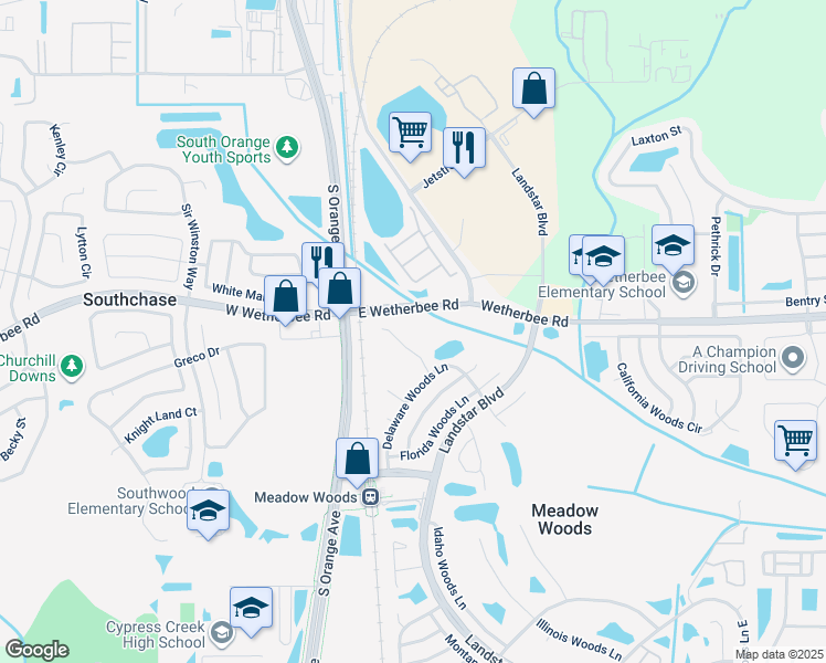 map of restaurants, bars, coffee shops, grocery stores, and more near 187 Creekside Way in Orlando