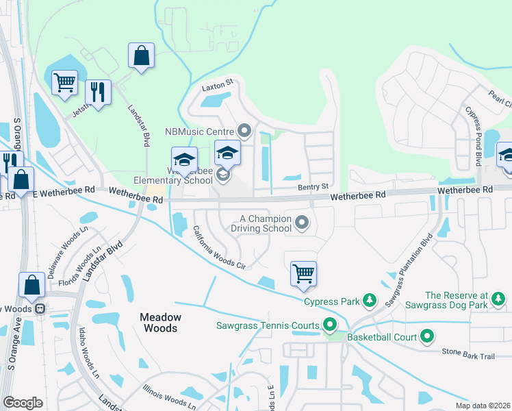 map of restaurants, bars, coffee shops, grocery stores, and more near 933 Alabama Woods Lane in Orlando