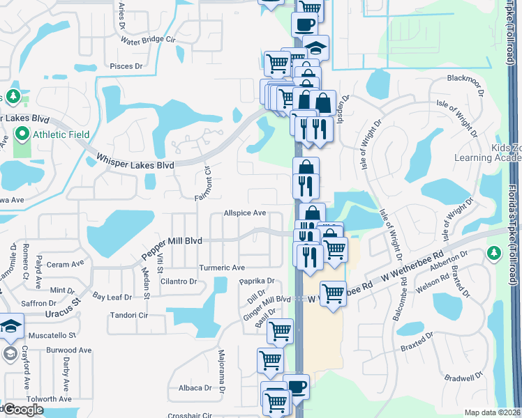map of restaurants, bars, coffee shops, grocery stores, and more near 2109 Allspice Avenue in Orlando