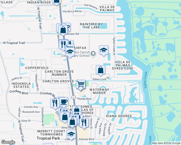 map of restaurants, bars, coffee shops, grocery stores, and more near 196 Sykes Loop Drive in Merritt Island