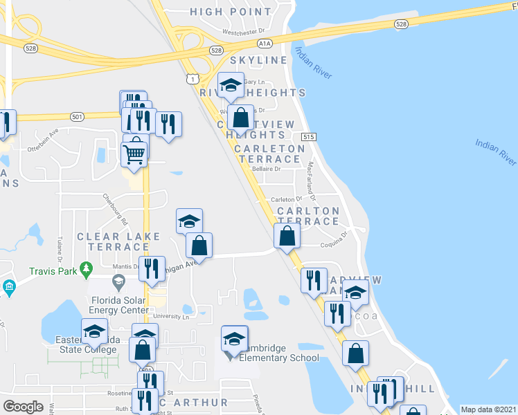 map of restaurants, bars, coffee shops, grocery stores, and more near 2319 North Cocoa Boulevard in Cocoa