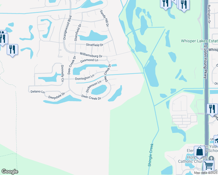 map of restaurants, bars, coffee shops, grocery stores, and more near 5185 Deer Creek Drive in Orlando