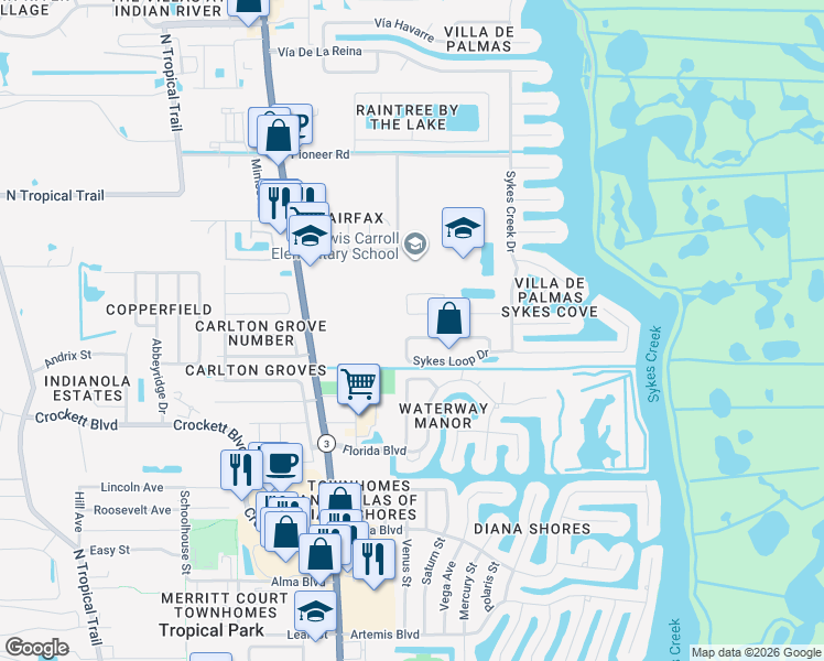 map of restaurants, bars, coffee shops, grocery stores, and more near 196 Sykes Loop Drive in Merritt Island