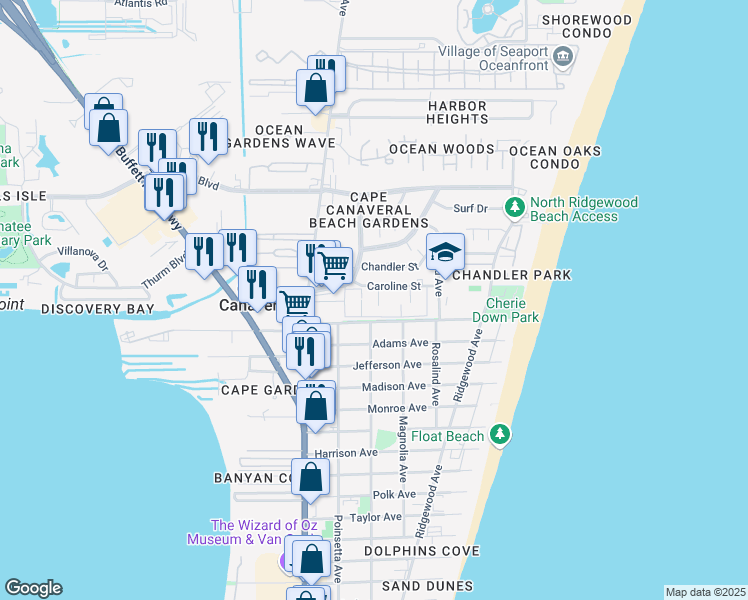 map of restaurants, bars, coffee shops, grocery stores, and more near 213 Caroline Street in Cape Canaveral