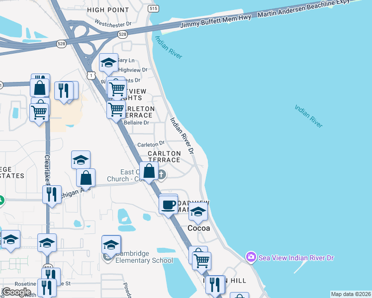 map of restaurants, bars, coffee shops, grocery stores, and more near 2130 Macfarland Drive in Cocoa