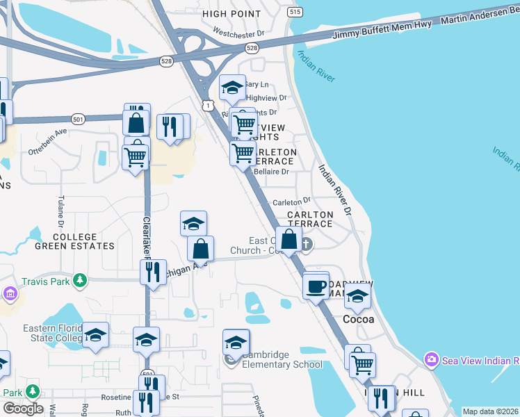 map of restaurants, bars, coffee shops, grocery stores, and more near 2319 North Cocoa Boulevard in Cocoa