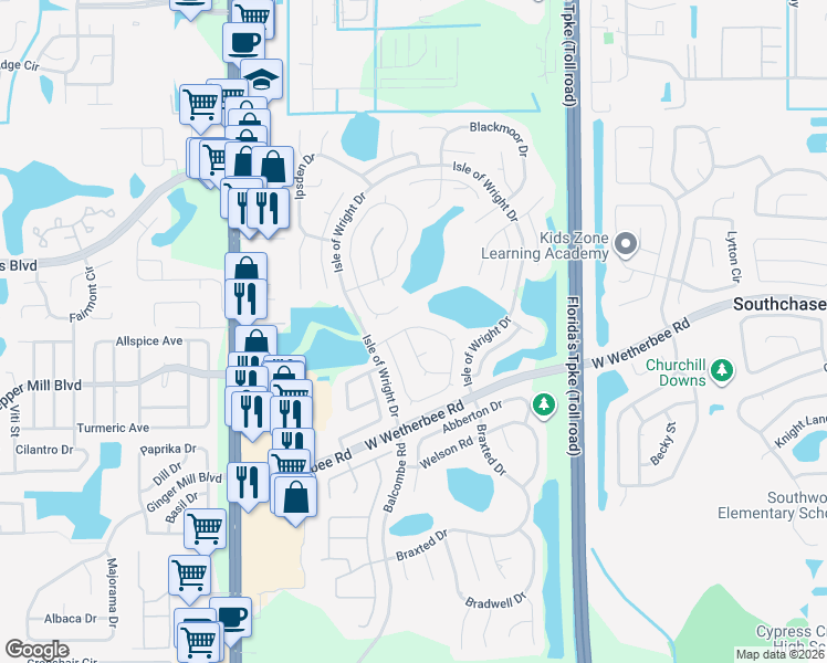 map of restaurants, bars, coffee shops, grocery stores, and more near 1879 Clacton Drive in Orlando