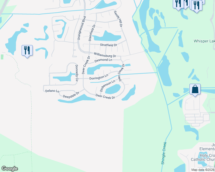 map of restaurants, bars, coffee shops, grocery stores, and more near 5249 Deer Creek Drive in Orlando