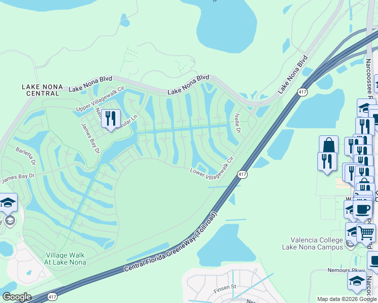 map of restaurants, bars, coffee shops, grocery stores, and more near 12011 Lazio Lane in Orlando