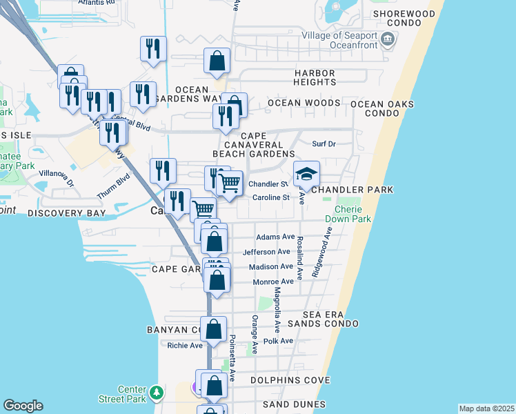 map of restaurants, bars, coffee shops, grocery stores, and more near 213 Caroline Street in Cape Canaveral