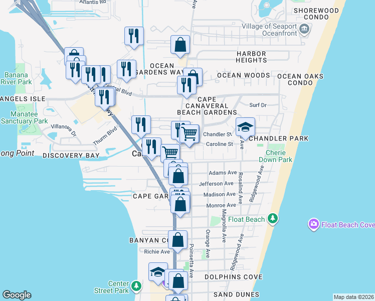 map of restaurants, bars, coffee shops, grocery stores, and more near 8167 Canaveral Boulevard in Cape Canaveral