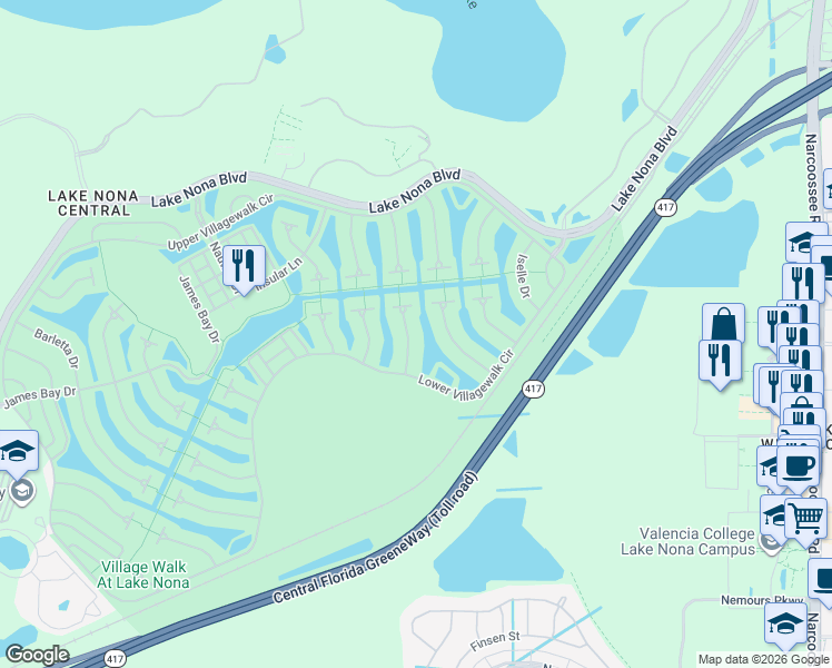 map of restaurants, bars, coffee shops, grocery stores, and more near 12011 Lazio Lane in Orlando