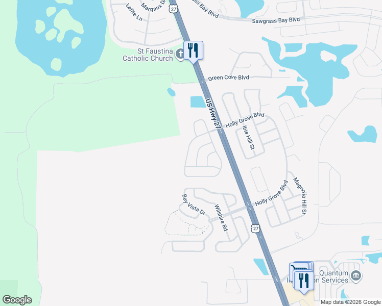 map of restaurants, bars, coffee shops, grocery stores, and more near 15320 Markham Drive in Clermont