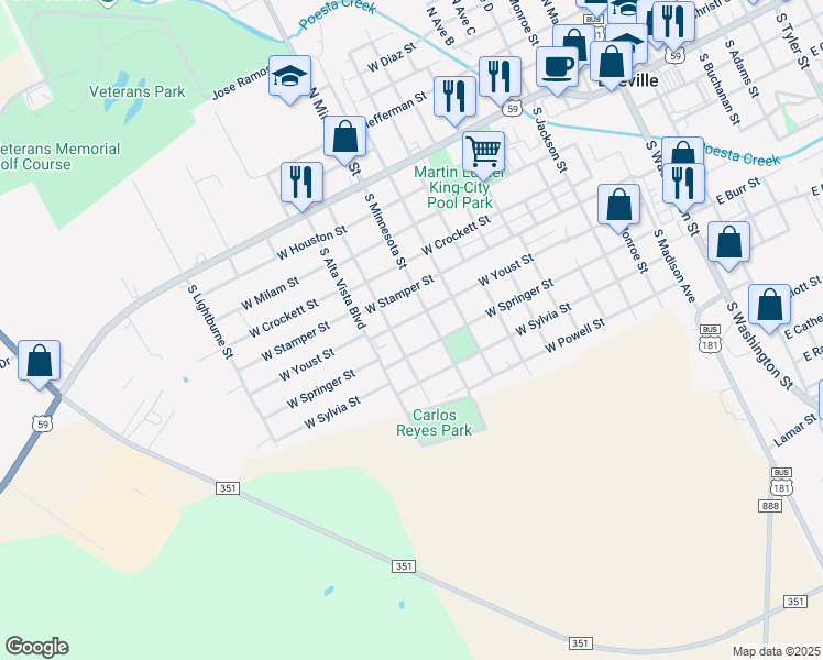 map of restaurants, bars, coffee shops, grocery stores, and more near 1208 West Springer Street in Beeville