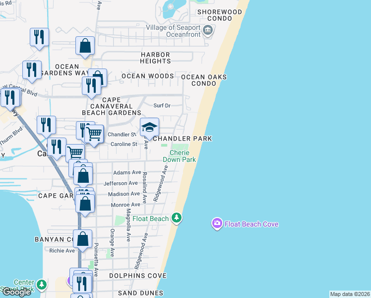 map of restaurants, bars, coffee shops, grocery stores, and more near 8330 Ridgewood Avenue in Cape Canaveral