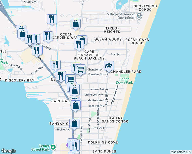 map of restaurants, bars, coffee shops, grocery stores, and more near 211 Caroline Street in Cape Canaveral