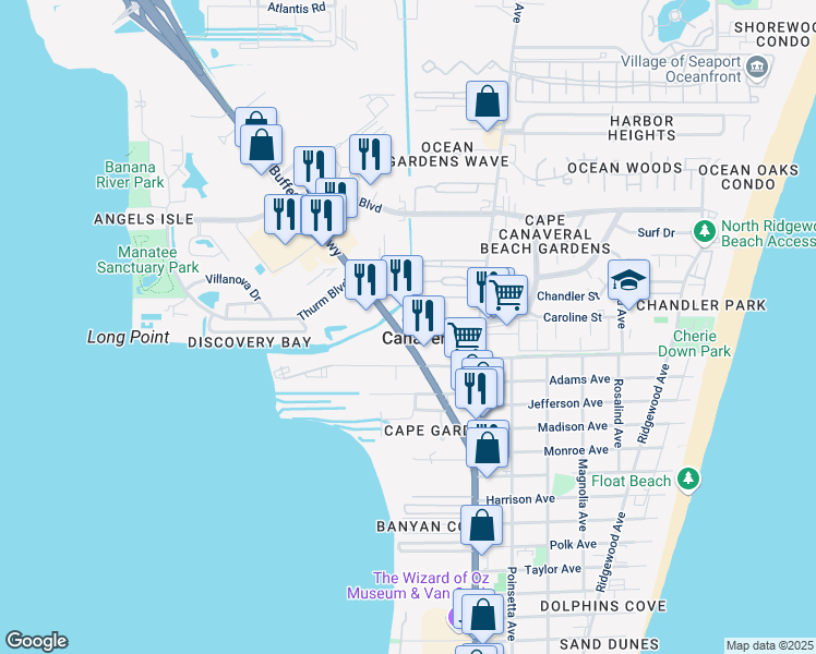 map of restaurants, bars, coffee shops, grocery stores, and more near 8400 Florida A1A in Cape Canaveral