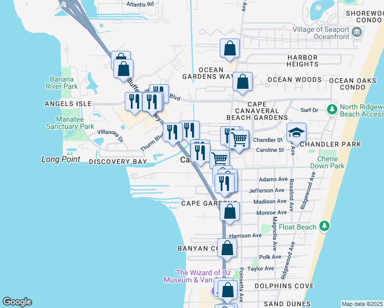 map of restaurants, bars, coffee shops, grocery stores, and more near 8400 Florida A1A in Cape Canaveral
