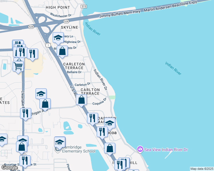 map of restaurants, bars, coffee shops, grocery stores, and more near 2124 Indian River Drive in Cocoa