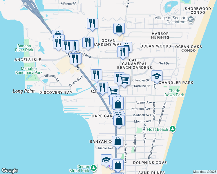 map of restaurants, bars, coffee shops, grocery stores, and more near 8401 North Atlantic Avenue in Cape Canaveral
