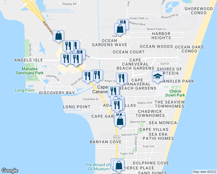 map of restaurants, bars, coffee shops, grocery stores, and more near in Cape Canaveral