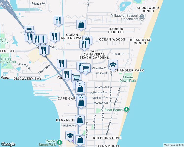 map of restaurants, bars, coffee shops, grocery stores, and more near 213 Caroline Street in Cape Canaveral