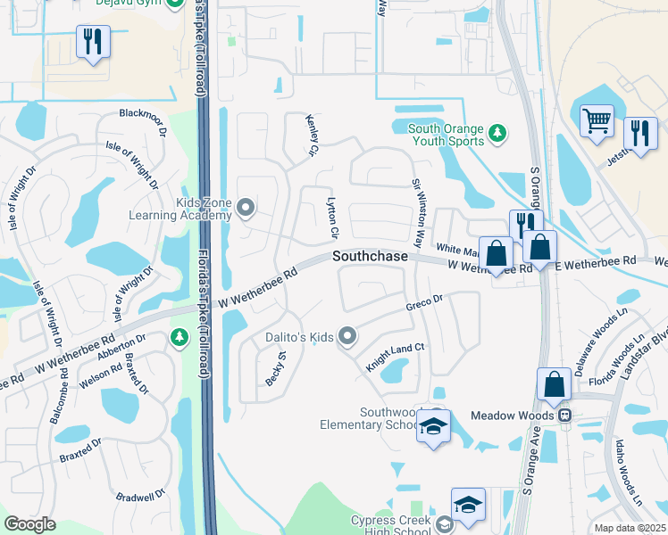 map of restaurants, bars, coffee shops, grocery stores, and more near 379 Kassik Circle in Orlando
